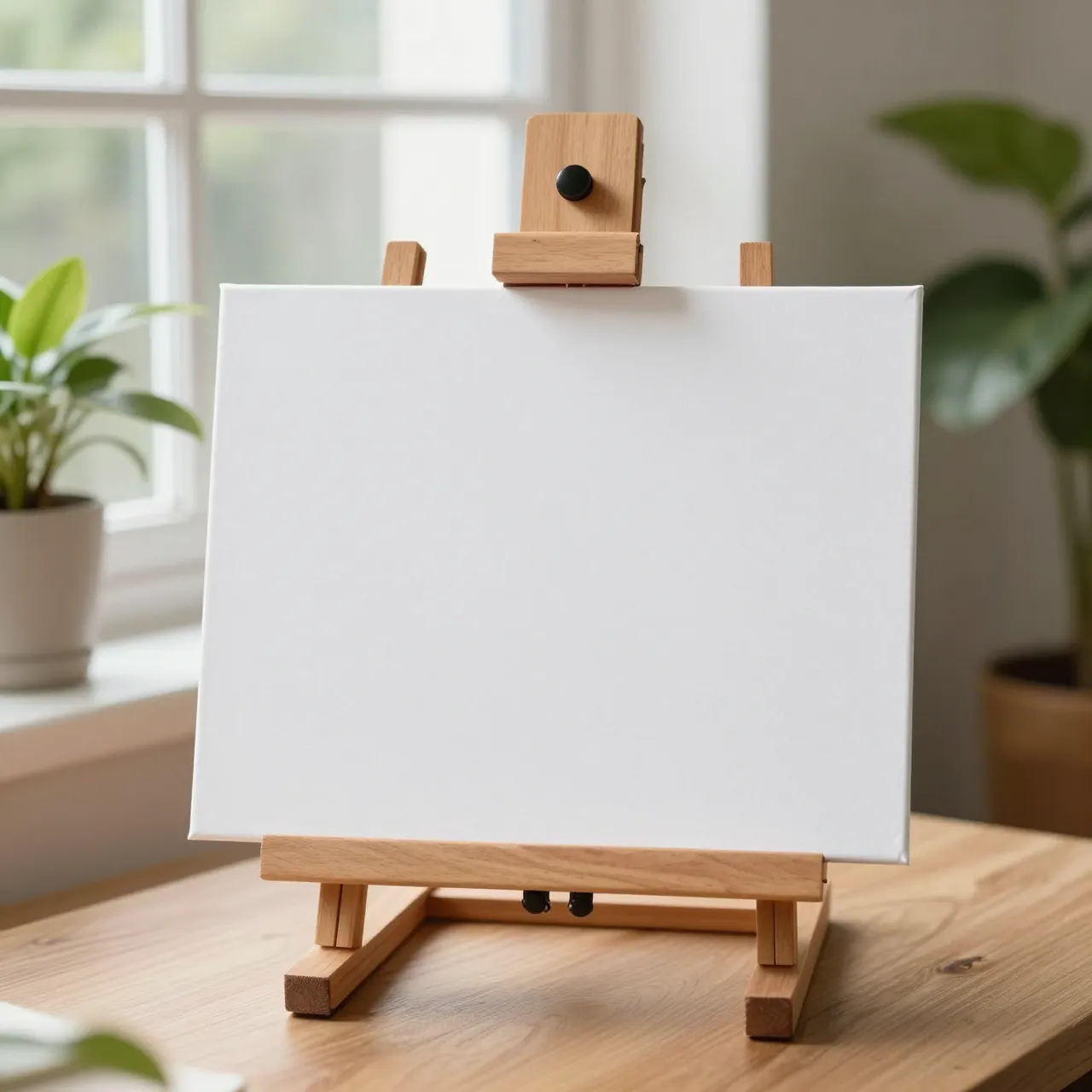 A small tabletop wooden easel with a blank canvas sits on a wooden table near a bright window with houseplants