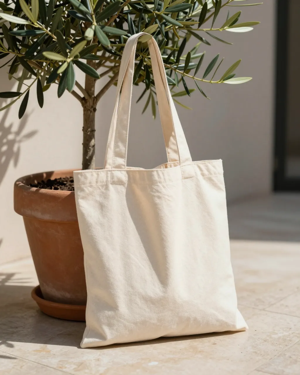 Plain cream canvas tote bag leans against a potted olive tree on a sunny tiled terrace