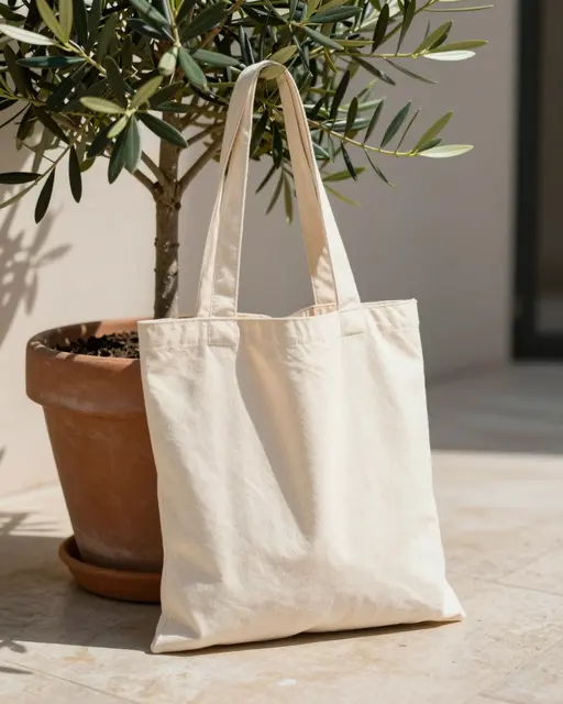 Plain cream canvas tote bag leans against a potted olive tree on a sunny tiled terrace