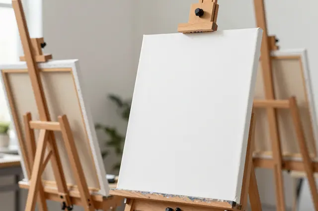 Wooden easels holding blank canvases sit in a sunlit art studio with soft natural light