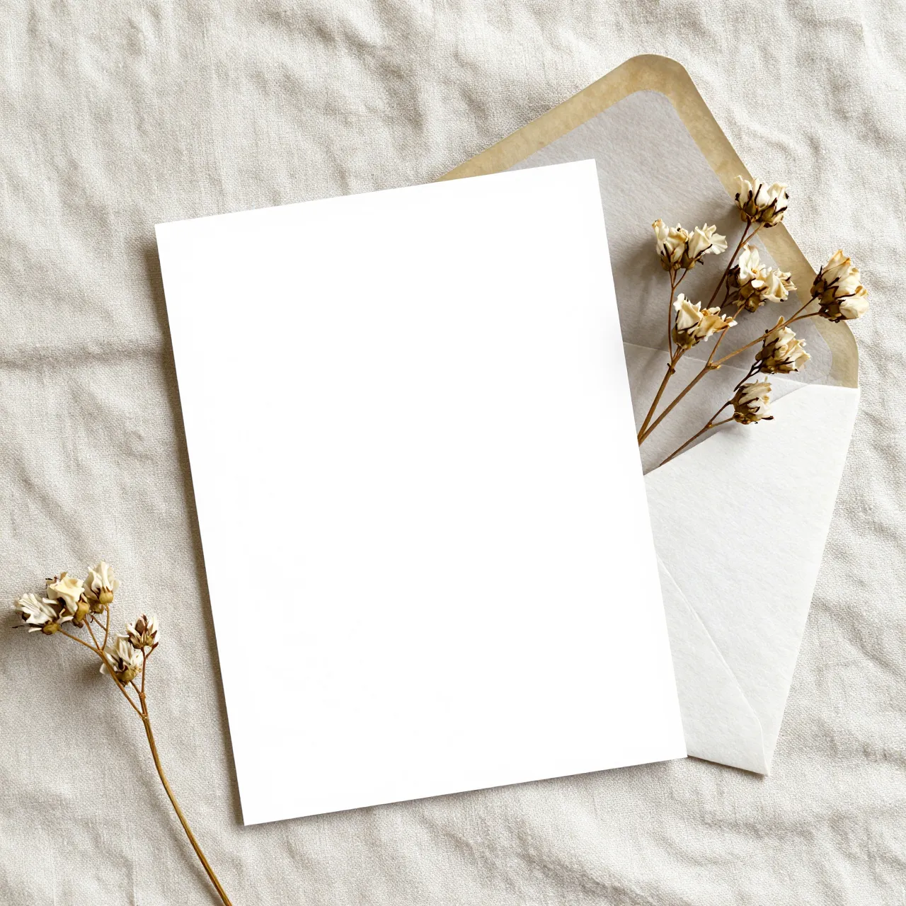 Blank white card, open envelope and dried flowers rest on crumpled linen fabric