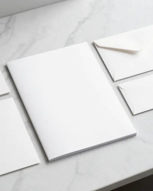 Plain white stationery pieces rest neatly arranged on a light gray marble desktop.
