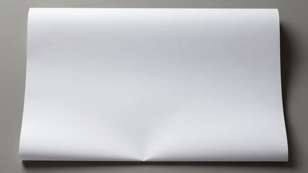 A curled blank white sheet of paper rests flat on a smooth gray surface