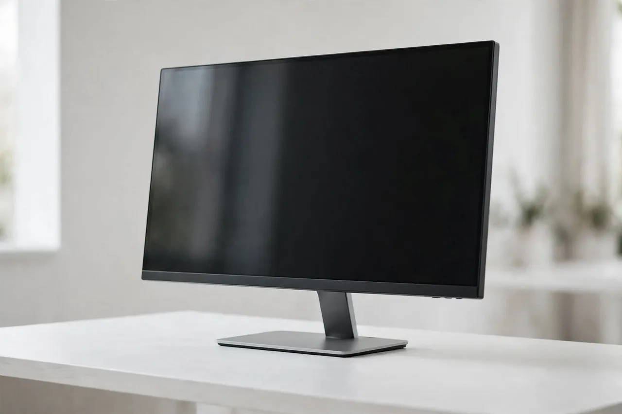 A slim flat desktop monitor with a dark blank screen sits on a minimalist white desk in a bright room