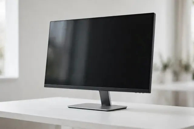 A slim flat desktop monitor with a dark blank screen sits on a minimalist white desk in a bright room
