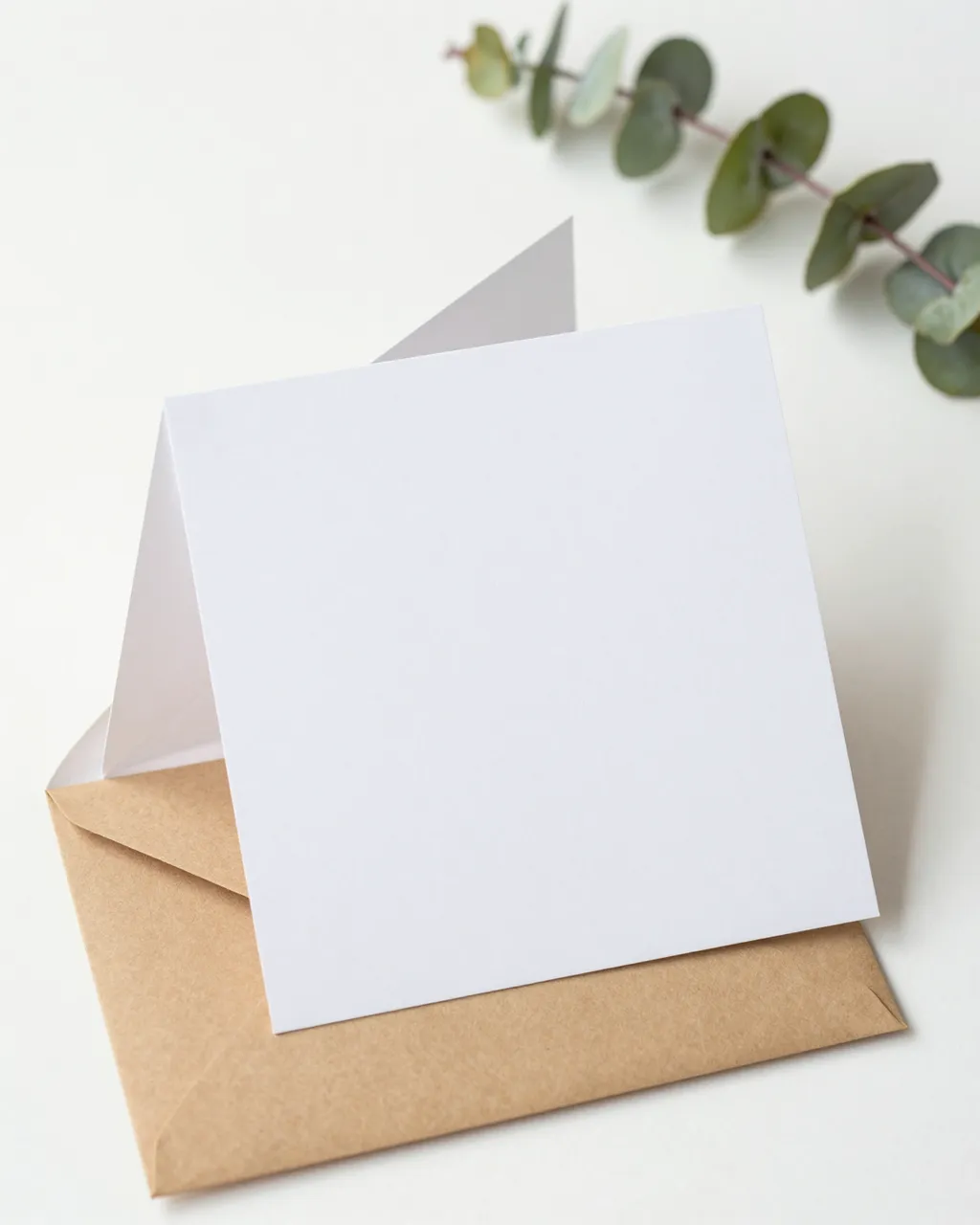 A blank folded white greeting card rests on a kraft envelope beside a eucalyptus sprig on a plain white surface.