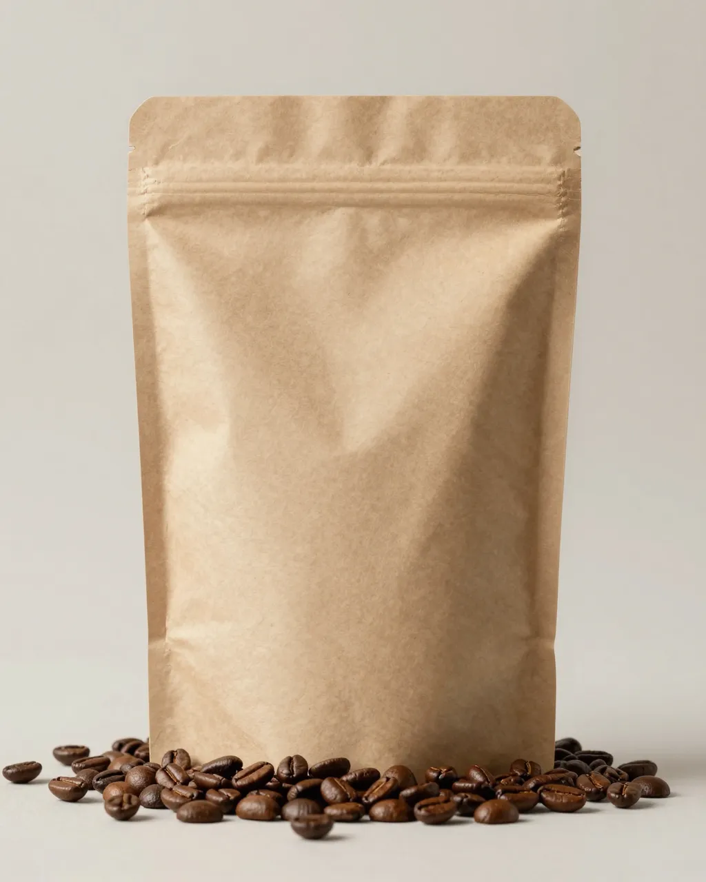 A blank kraft paper stand-up pouch sits with scattered roasted coffee beans in front on a neutral light background.