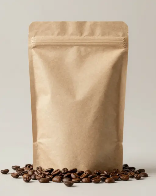 A blank kraft paper stand-up pouch sits with scattered roasted coffee beans in front on a neutral light background.