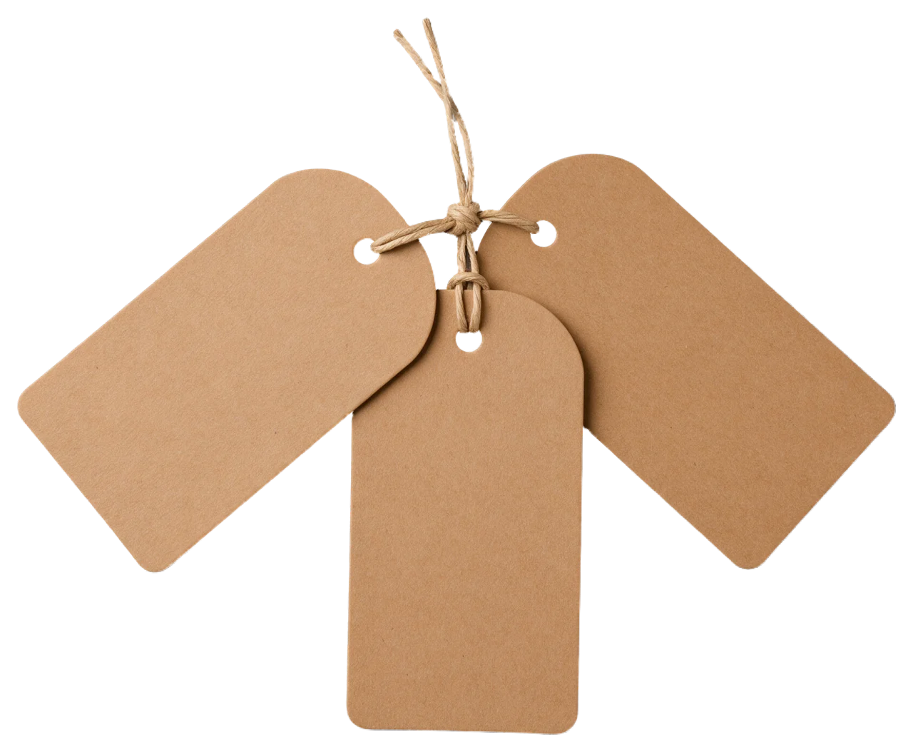 Three blank kraft paper price tags fanned out and tied together with natural twine