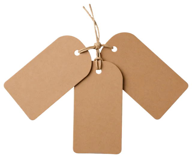 Three blank kraft paper price tags fanned out and tied together with natural twine