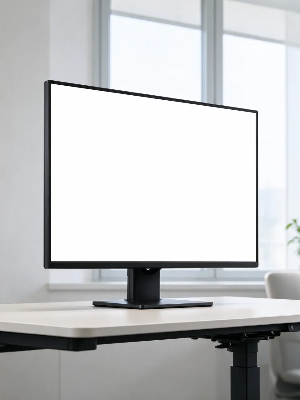 A black monitor with a blank white screen sits on a raised standing desk by a bright office window