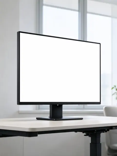 A black monitor with a blank white screen sits on a raised standing desk by a bright office window