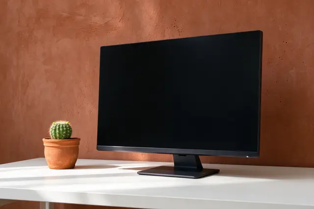 A black blank desktop monitor sits next to a small terracotta potted cactus on a white desk against a warm terracotta wall.