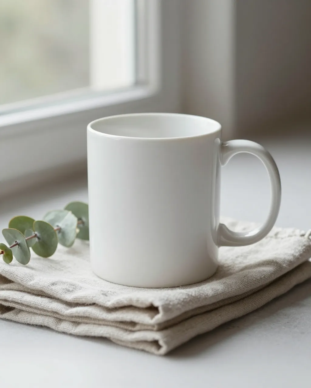 A blank white ceramic mug sits stacked on linen napkins next to a eucalyptus sprig by a sunlit window.