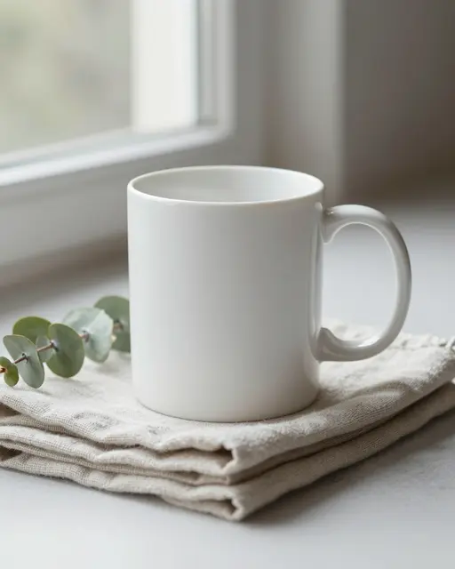 A blank white ceramic mug sits stacked on linen napkins next to a eucalyptus sprig by a sunlit window.