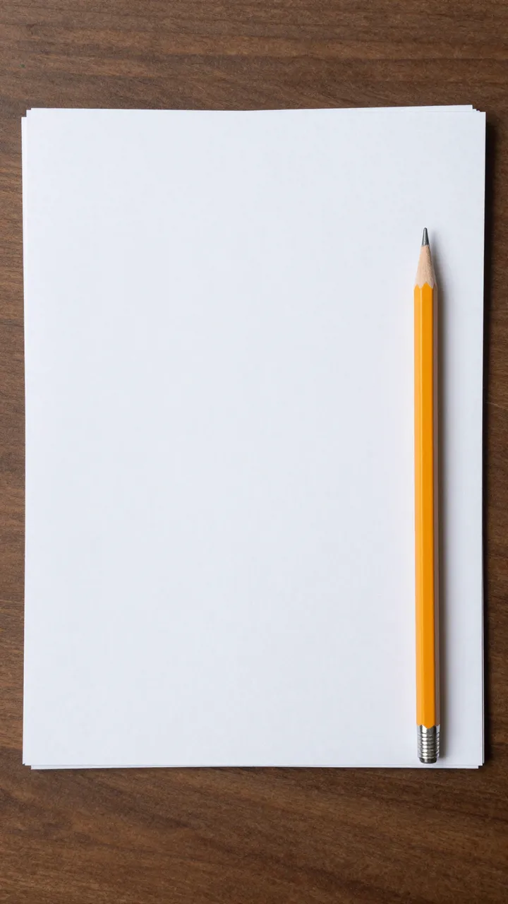 Top-down view of a stack of blank white paper with a sharpened pencil resting on a dark walnut wood desk.
