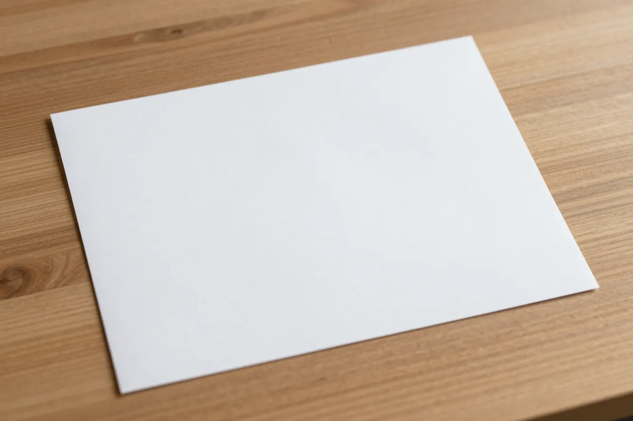 A single sheet of blank white paper rests flat on a light brown wooden desk in soft light.