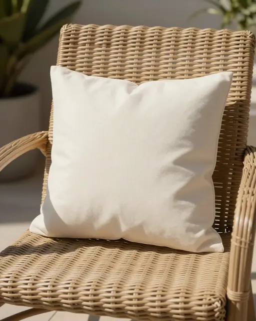 Plain off-white throw pillow rests on a woven rattan patio chair in bright sunlight