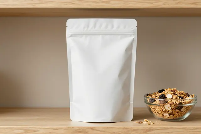 Blank white stand-up pouch sits on a light wood shelf next to a glass bowl of granola.