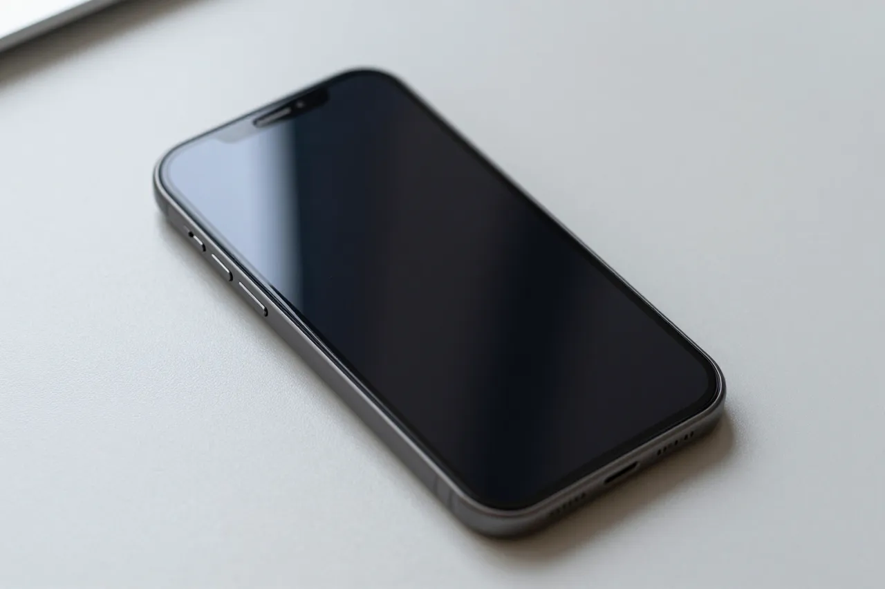 A dark blank screen smartphone rests diagonally on a smooth light gray desk surface.