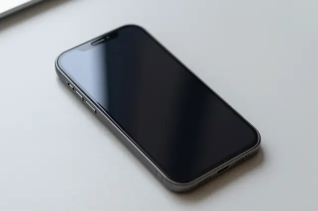 A dark blank screen smartphone rests diagonally on a smooth light gray desk surface.