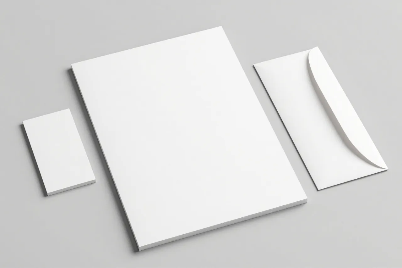 Blank letter paper, an envelope, and a business card rest neatly on a light gray background