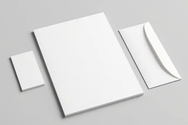Blank letter paper, an envelope, and a business card rest neatly on a light gray background
