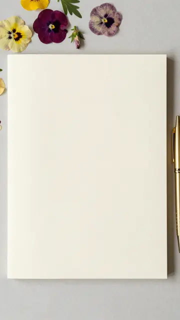 Top-down flat lay of blank cream stationery, a gold pen and pressed pansies on a soft gray surface.