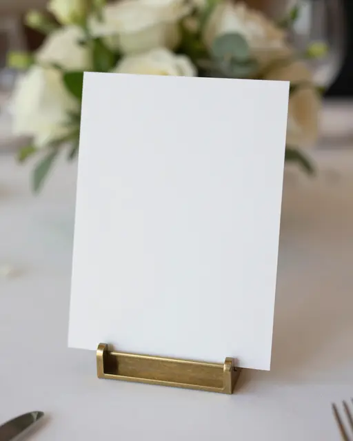 A blank white card sits in a small brass stand on a wedding reception table with floral decor in soft focus behind it.