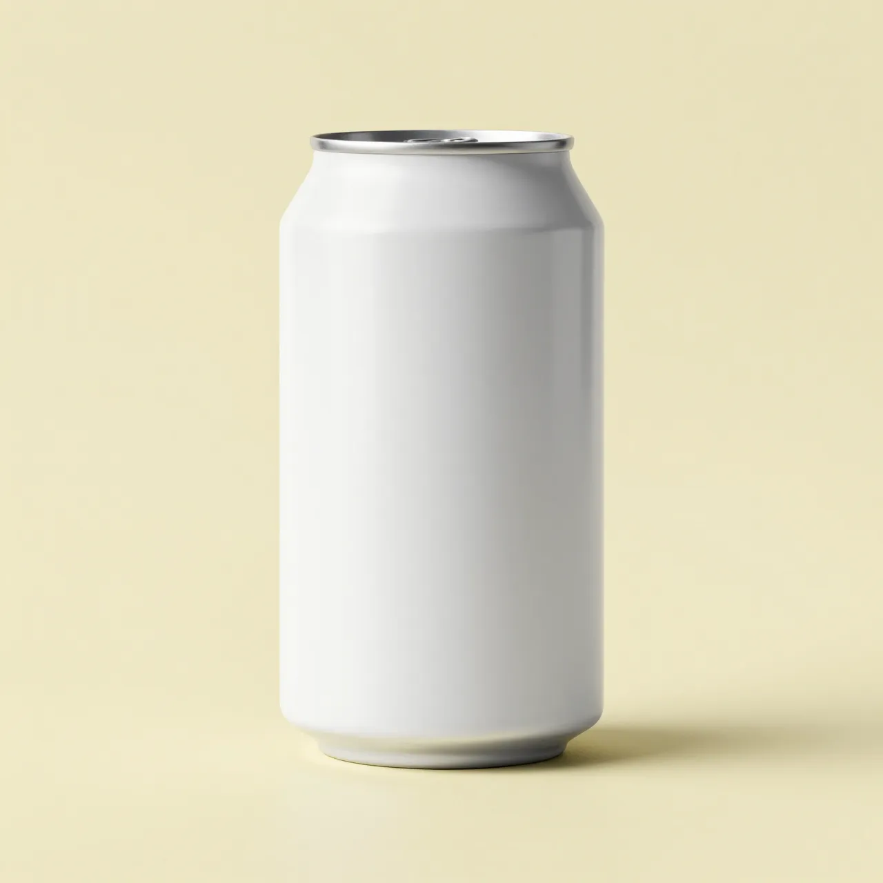 Blank matte white soda can stands upright on a soft pastel yellow background with a subtle hard shadow