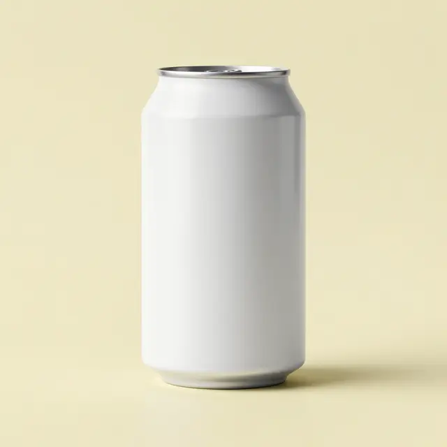 Blank matte white soda can stands upright on a soft pastel yellow background with a subtle hard shadow
