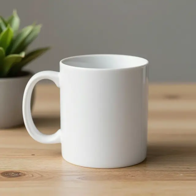 Plain blank white ceramic mug sits on a light wooden table next to a small potted plant with soft morning lighting.
