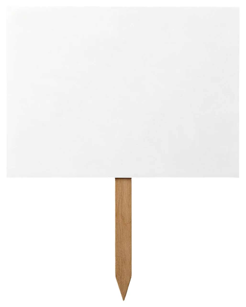 An empty blank white rectangular sign mounted on a pointed wooden stake