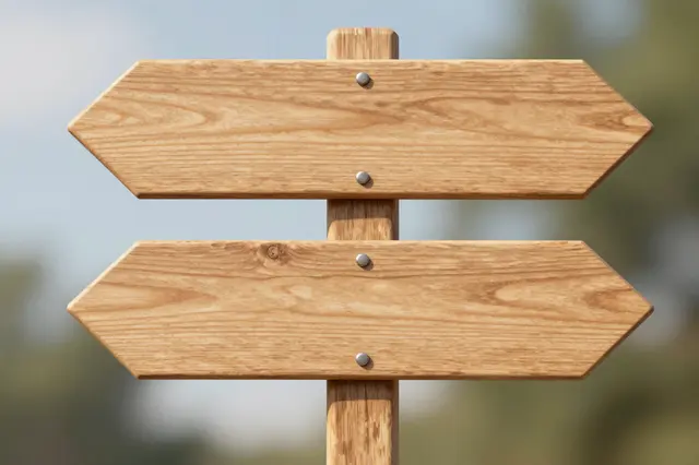 A wooden signpost with two blank dual-pointing arrow signs stands against a blurred outdoor background.