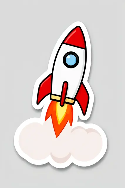 Cute die-cut sticker of a red and white rocket blasting off on a plain light gray background