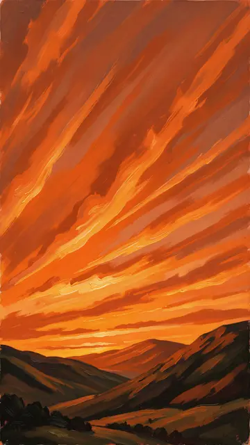 Vertical oil painting of streaked fiery orange sunset sky above rolling dark hills