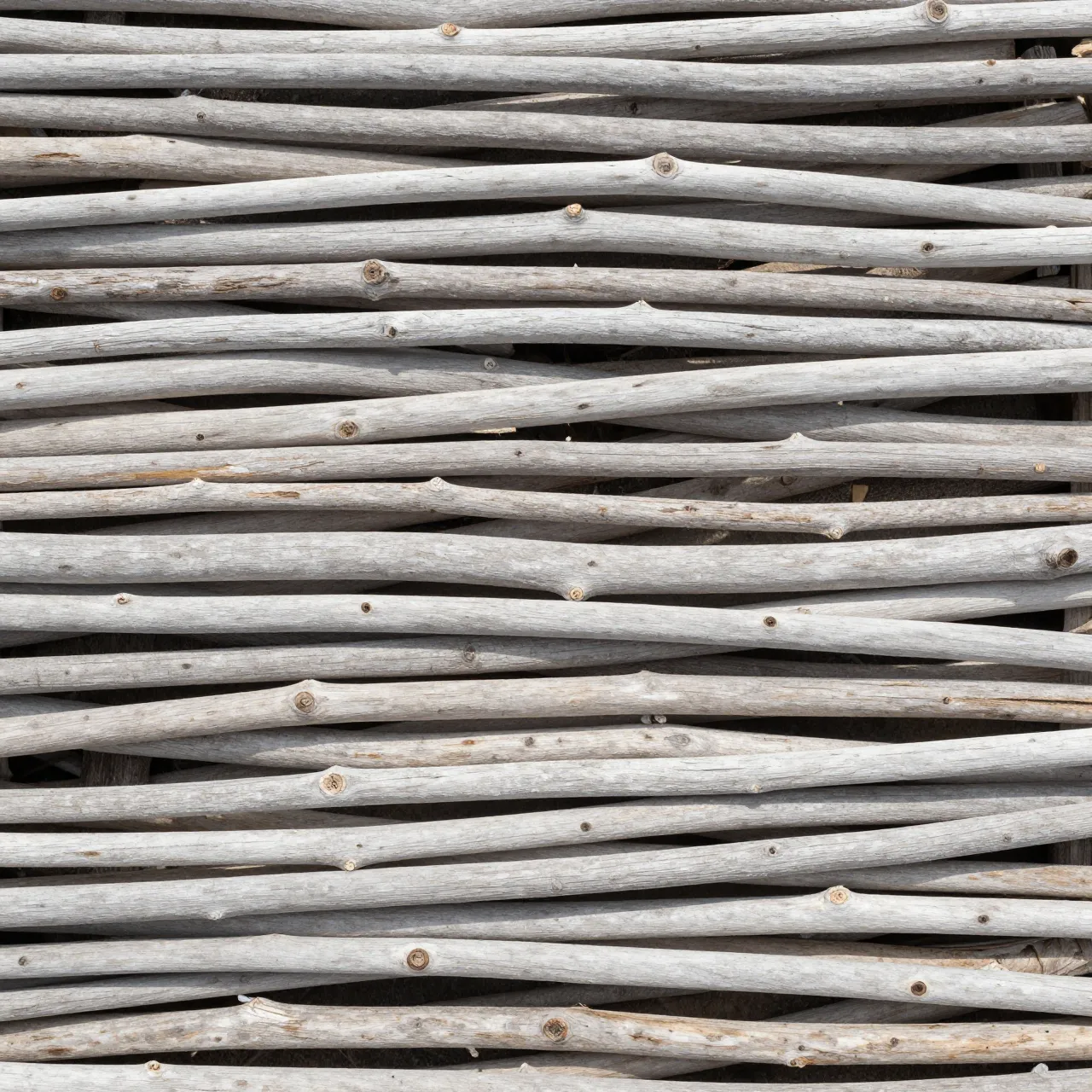 Top view of tightly packed pale gray bleached driftwood sticks filling the entire frame