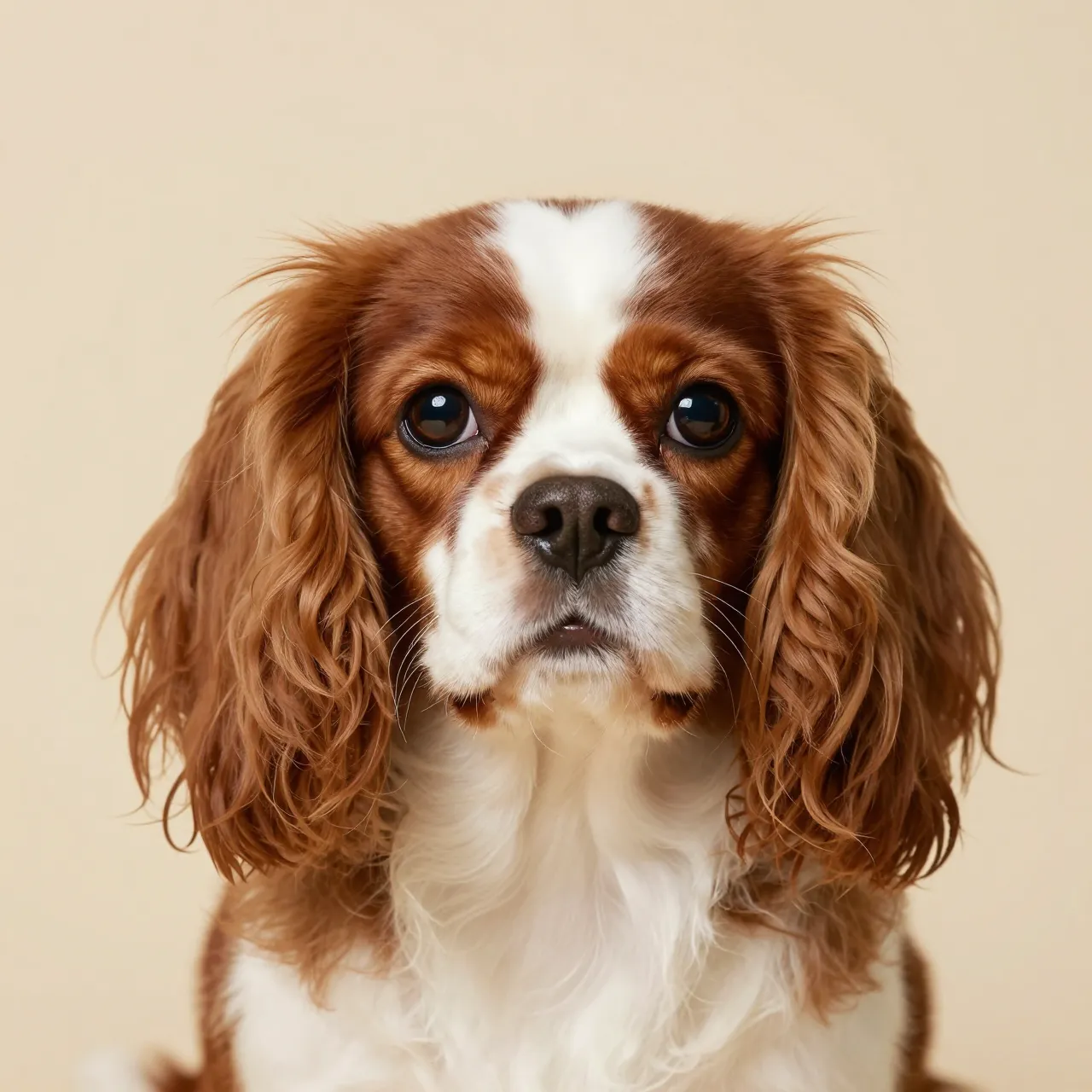 Head portrait of a Blenheim Cavalier King Charles Spaniel looking directly at the camera against a warm ivory backdrop