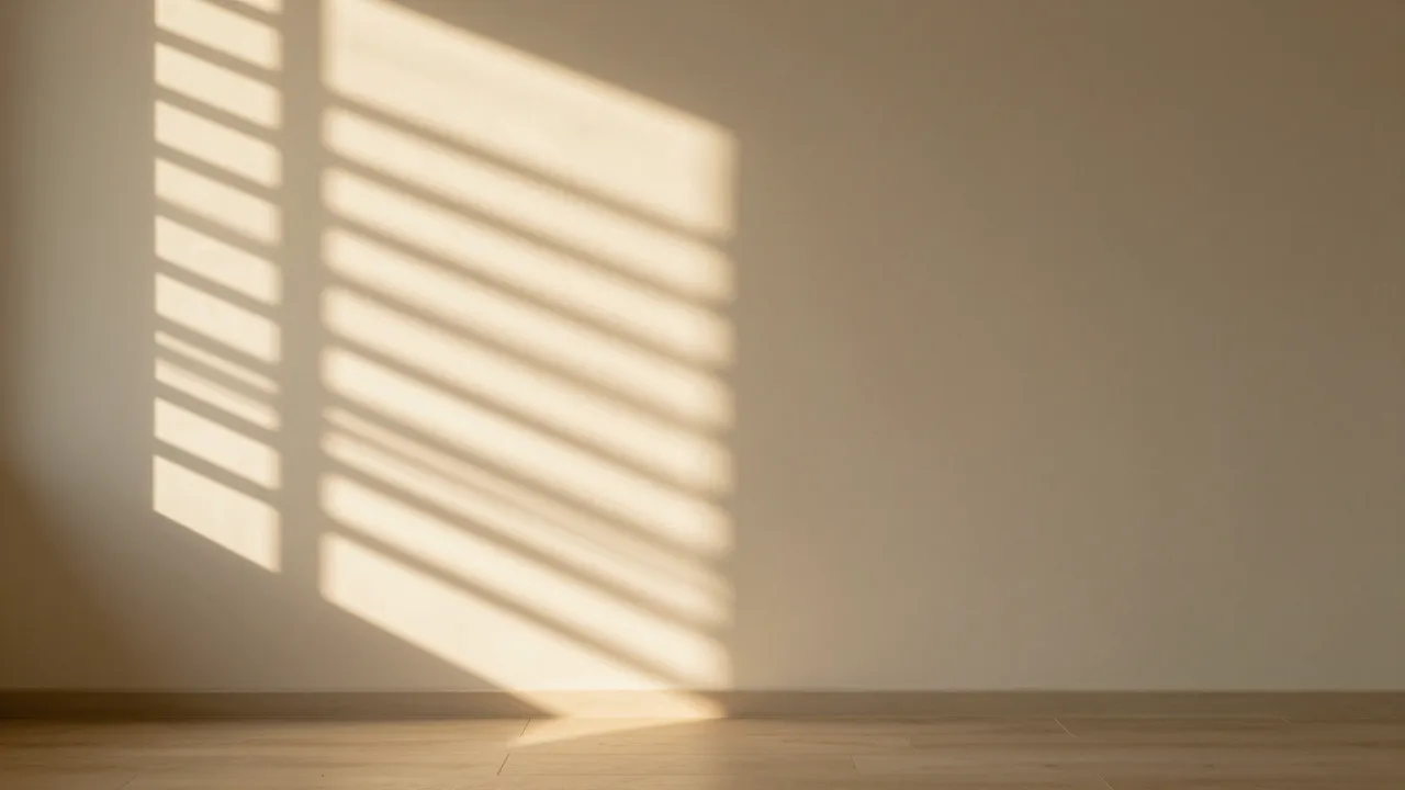 Soft golden window blind shadows fall across a plain cream interior wall and wooden floor with empty copy space.