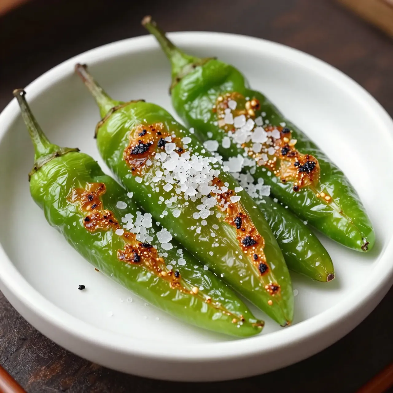 Roasted blistered green shishito peppers topped with flaky salt sit in a small white ceramic dish