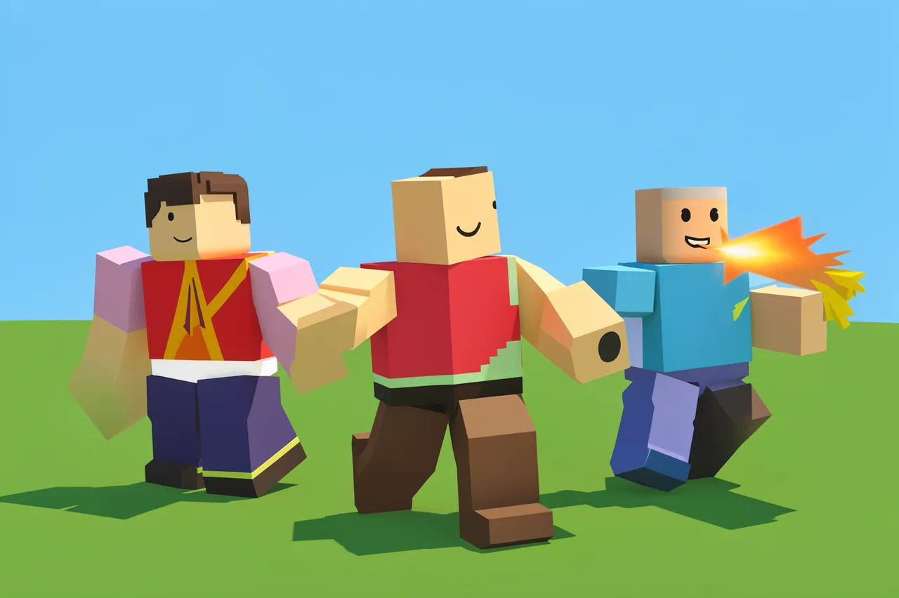Three blocky voxel game characters stand on a grass field under a clear blue sky, one emitting a flame spray from his mouth
