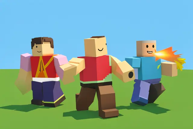 Three blocky voxel game characters stand on a grass field under a clear blue sky, one emitting a flame spray from his mouth