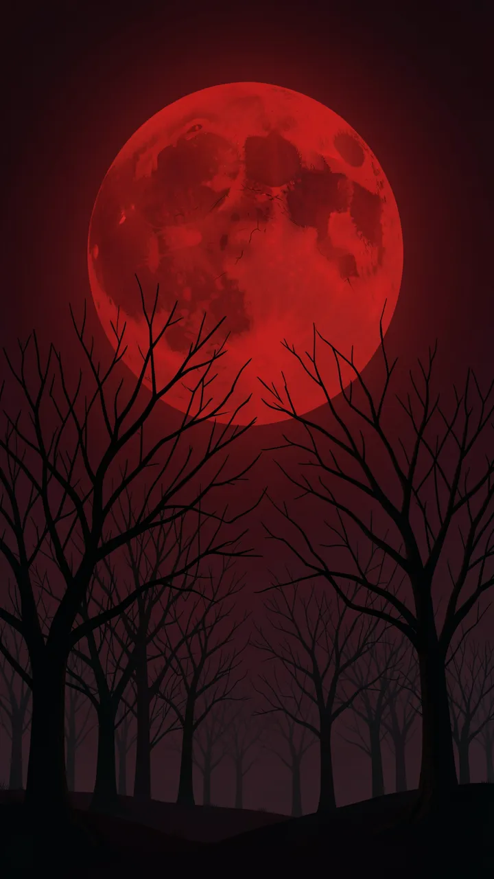 Silhouetted bare leafless trees stand beneath a large glowing deep red full moon in a dark moody night sky