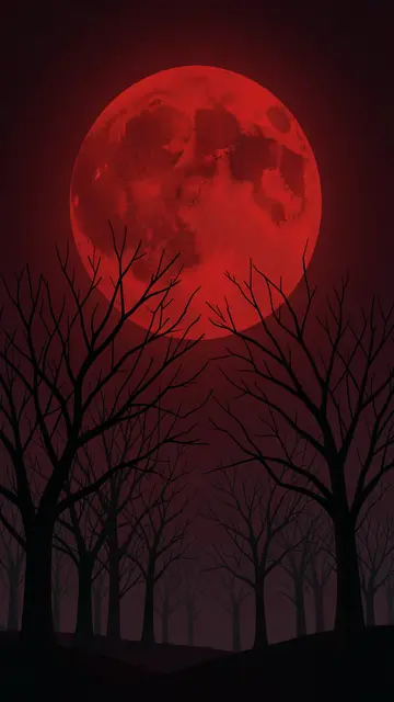 Silhouetted bare leafless trees stand beneath a large glowing deep red full moon in a dark moody night sky