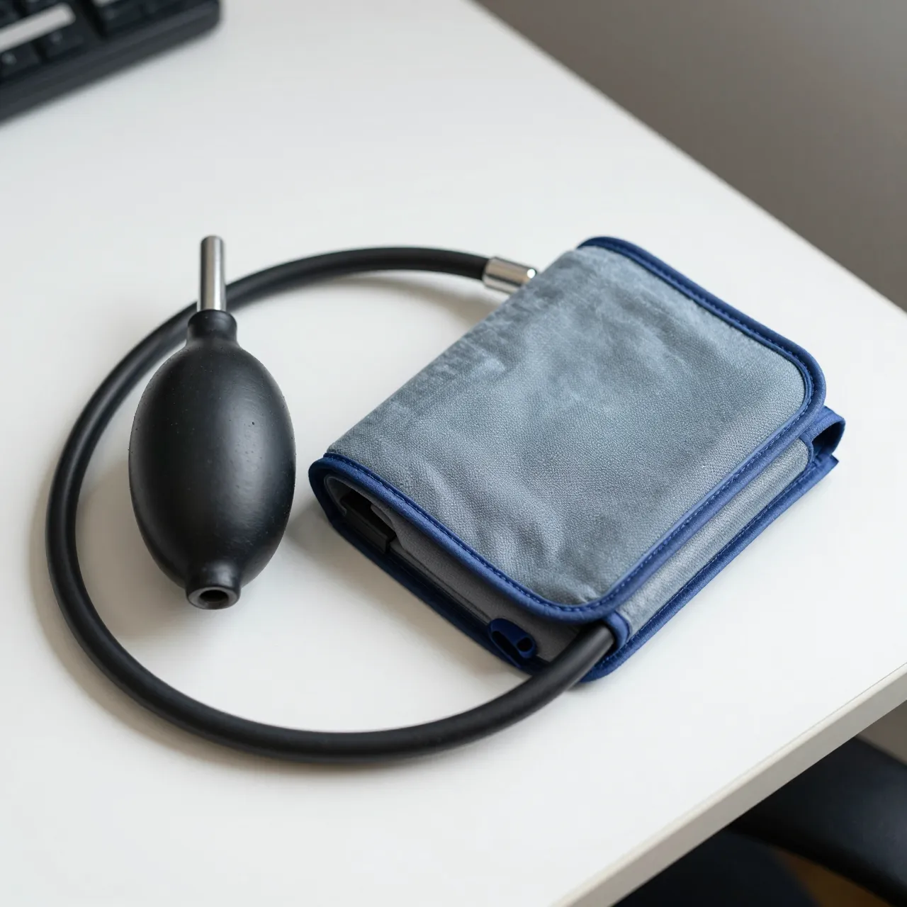 A manual arm blood pressure cuff rests coiled on a smooth white desk with soft side lighting.