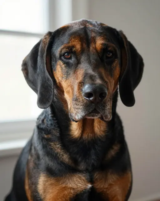 Close-up head portrait of a black and tan bloodhound sitting near a bright interior window