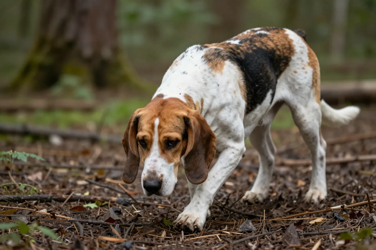 A tricolor hound dog with long hanging ears sniffs the leaf-strewn floor of a woodland forest