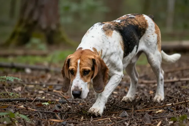 A tricolor hound dog with long hanging ears sniffs the leaf-strewn floor of a woodland forest