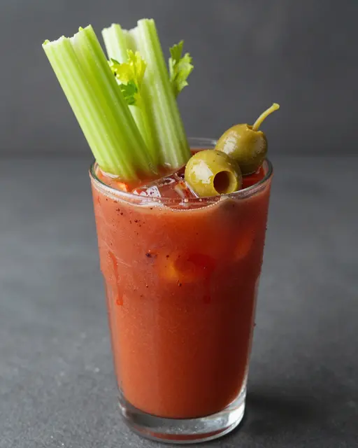 A glass of red bloody mary cocktail garnished with celery stalks and green olives on a dark gray surface