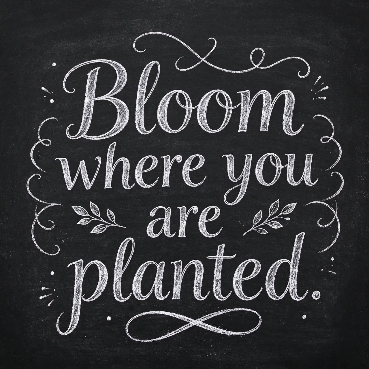 White chalk lettering reading "Bloom where you are planted." with decorative flourishes on a black chalkboard background